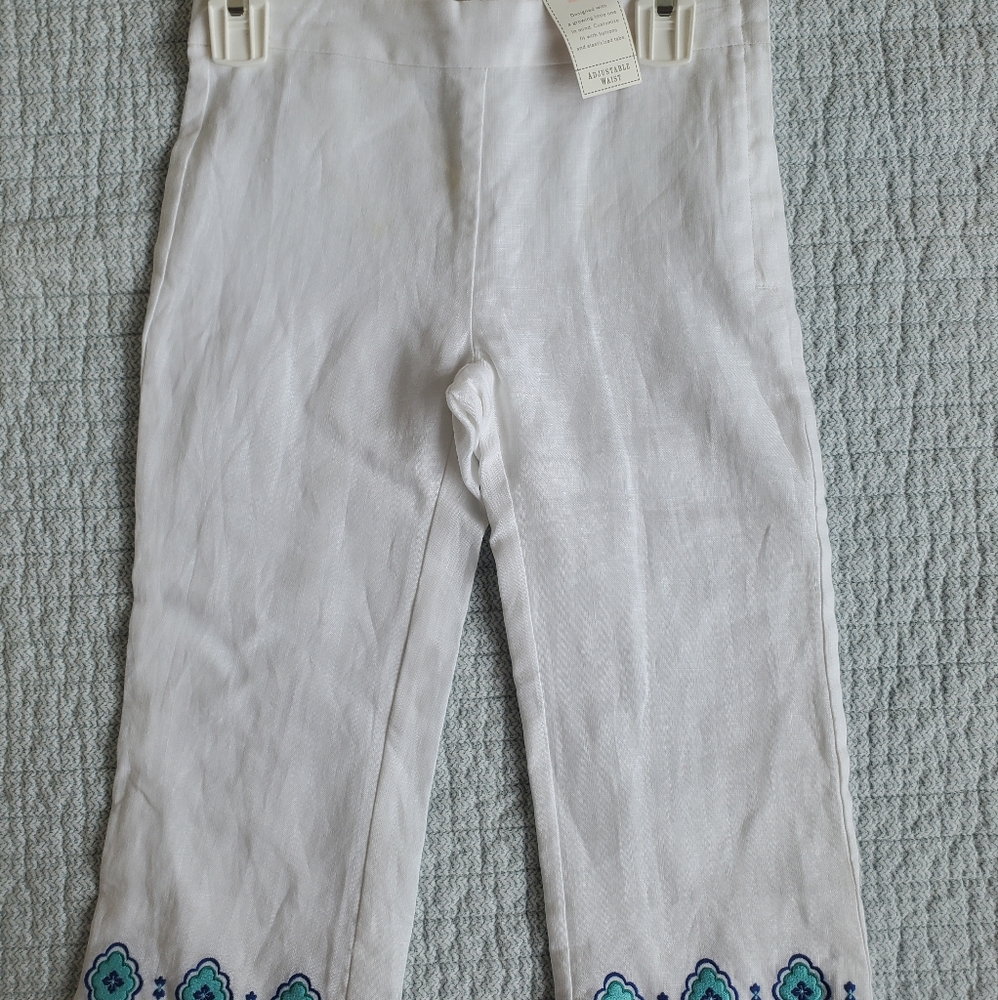 NWT white linen 100% cotton Janie & Jack Girls 5 pants, adjustable waist,